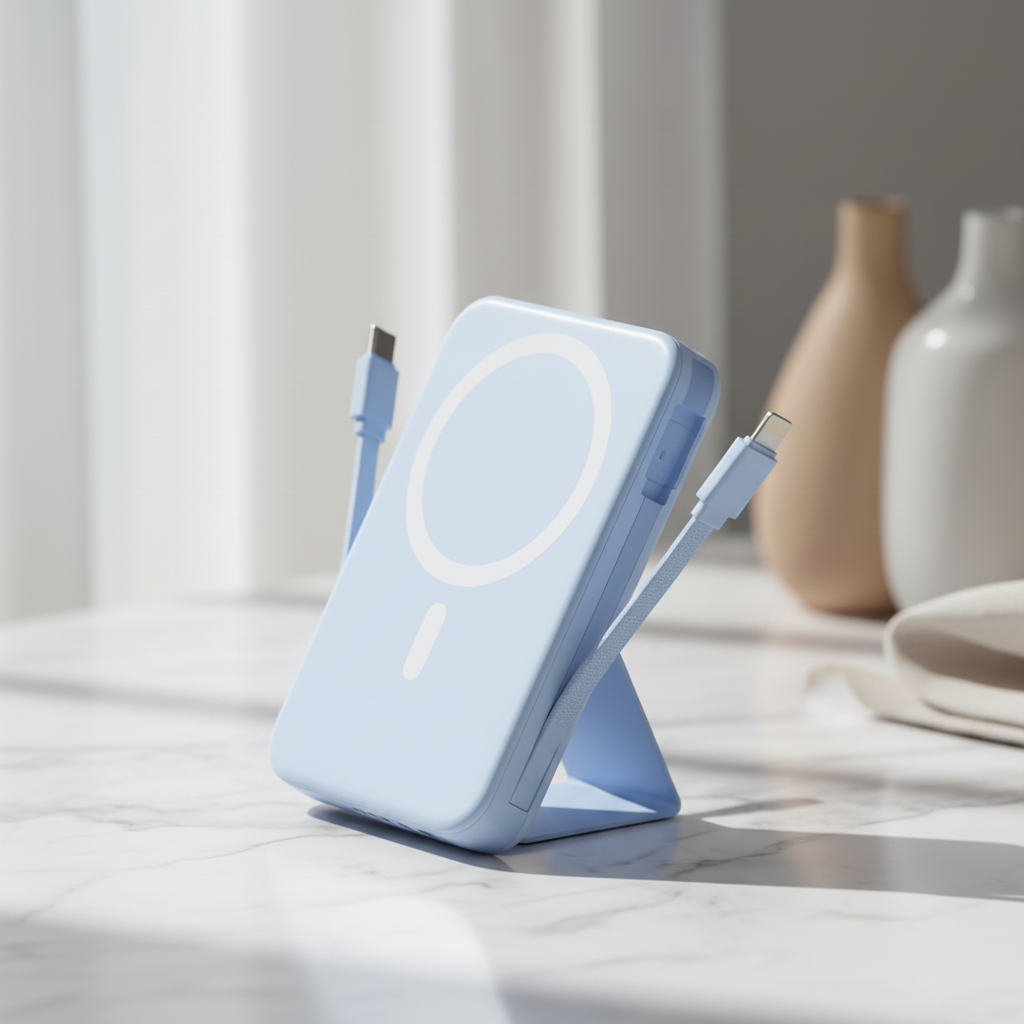 Kompakte hellblaue Powerbank mit Ständer und Kabeln
