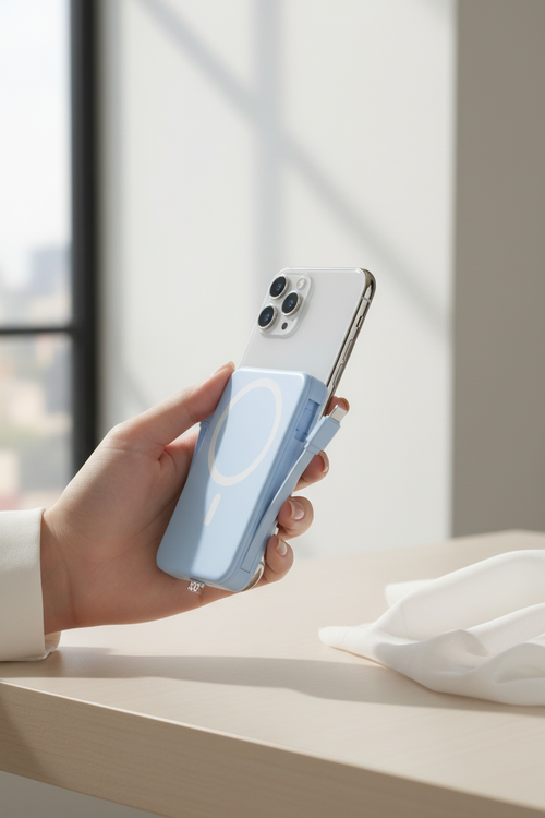 Powerbank am Handy mit Kabeln seitlich