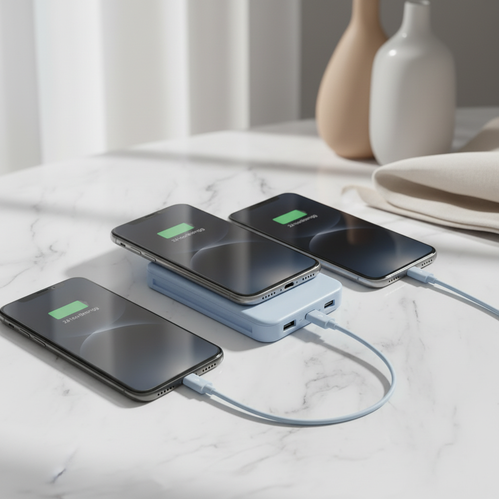 Powerbank mit Handy und sichtbaren Anschlüssen